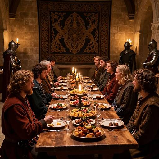 Photograph of medieval-style dinner in dimly-lit stone hall, ten men in brown robes seated around wooden table with candles, food, and armor