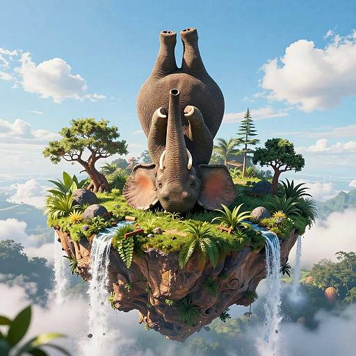 Photorealistic CGI of a large gray elephant standing on a floating island with lush greenery, small trees, and a waterfall, against a bright blue