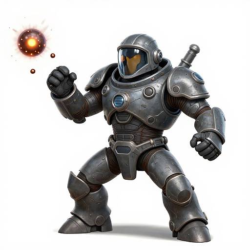 Digital illustration of a muscular, silver-armored space warrior with a reflective helmet, firing a glowing orange energy orb from a raised fist. White background.