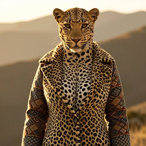 Photograph of a regal leopard with intricate spotted fur, standing upright against a sunlit, blurred mountainous background. The leopard's intense gaze is