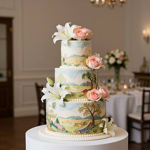 Photograph of a three-tiered wedding cake adorned with pink roses, white lilies, and landscape scenes, set in an elegant, softly lit room