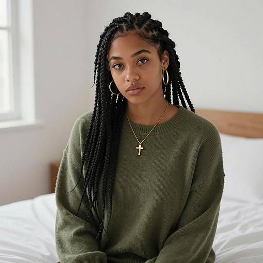 Young Woman with Braided Hair Wearing Olive Green Sweater
