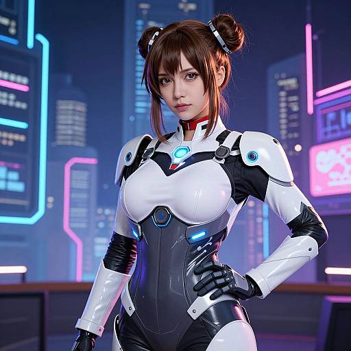 CGI image of a cute, anime-style woman with brown hair in double buns, wearing a white and black futuristic bodysuit, standing confidently