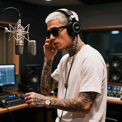 Tattooed White Rapper in Studio