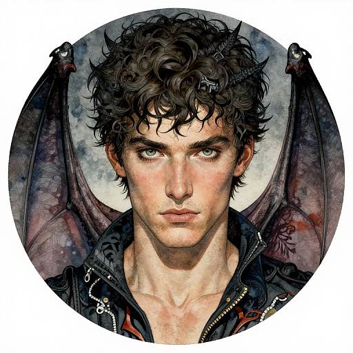 Digital drawing of a handsome, curly-haired young man with pale skin, green eyes, and bat wings, wearing a dark jacket. Circular frame.