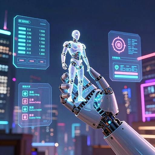 CGI image of a glowing, neon-lit humanoid robot on a futuristic hand, with holographic screens and cityscape background.