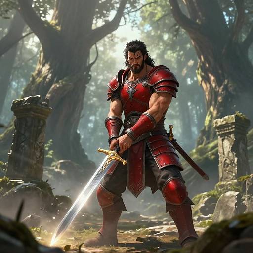 Muscular, bearded warrior with wild black hair and red armor stands in a sunlit forest, holding a glowing sword. (Digital art)