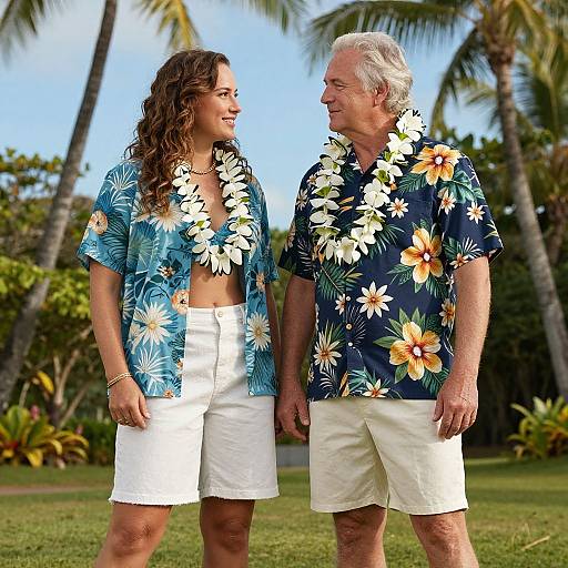 Photograph of a smiling young woman and older man in tropical floral shirts, white shorts, and flower leis, standing outdoors with palm trees.