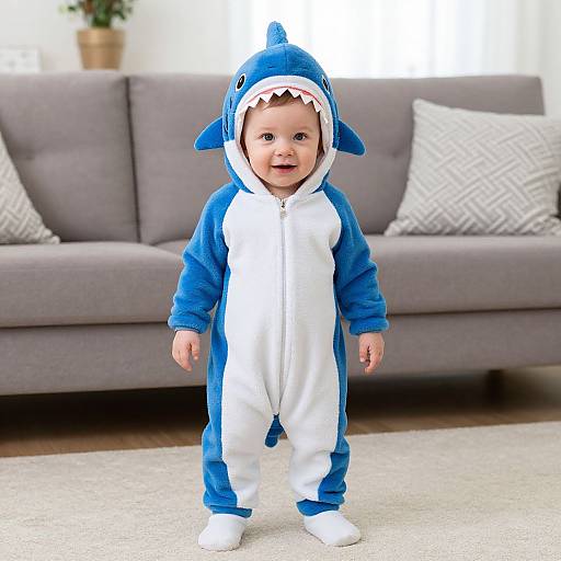 Photograph of a smiling baby in a blue and white shark onesie with a hood, standing in front of a gray couch.