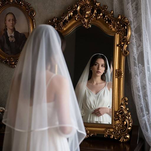 Photograph of a bride with veil, white dress, reflected in an ornate gold mirror, in a dimly lit room with lace curtains and a