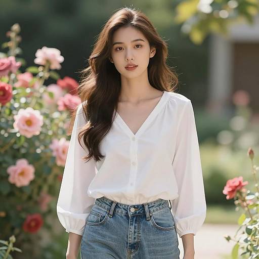 Young Woman in White Blouse Standing in Garden
