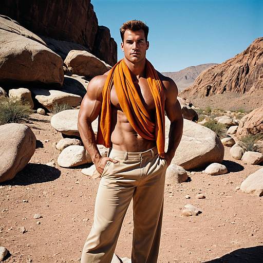 Muscular Man Standing in Desert with Orange Scarf