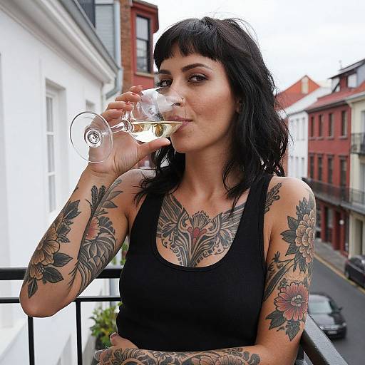 Photograph of a tattooed woman with black hair, sipping wine on a balcony, wearing a black tank top, surrounded by urban buildings.