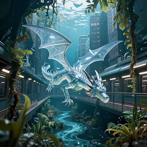 Digital artwork of a glowing, transparent dragon with icy blue scales and wings, flying through a futuristic, urban jungle tunnel.