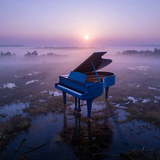 Photograph of a blue grand piano with its lid open, standing in a misty marsh at sunrise, with the sun glowing behind.