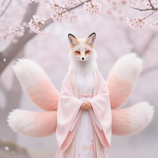 Digital art of an anthropomorphic, white-furred fox with pink accents, wearing a pink kimono, standing beneath cherry blossoms with multiple fluffy tails