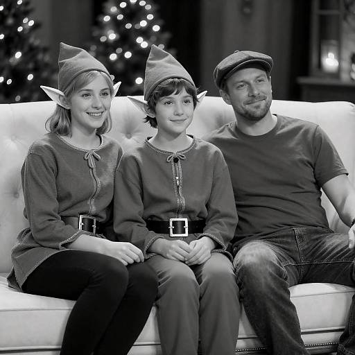 Black and White Portrait of Two Elves and Man on Couch