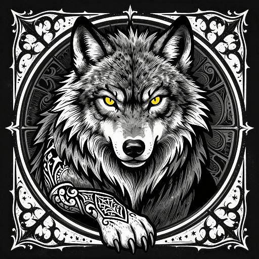 Digital illustration of a fierce, detailed black and white wolf with glowing yellow eyes, surrounded by intricate, ornate patterns and a circular frame.