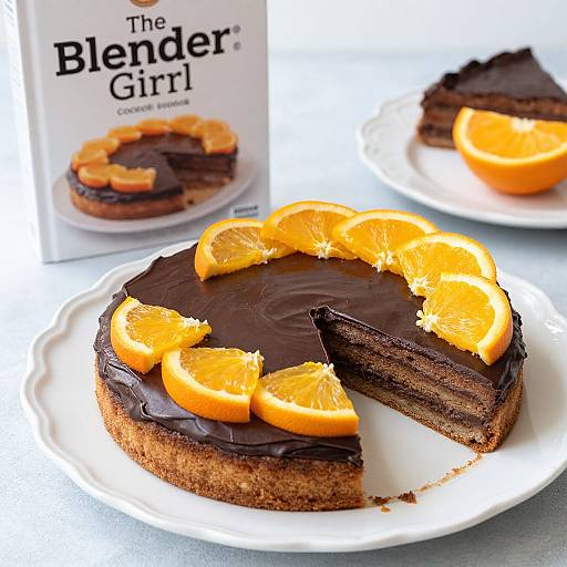 Photograph of a chocolate cake with orange slices on top, one slice removed, on a white plate, with a 