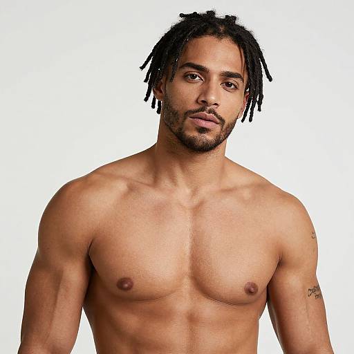 Photograph of a shirtless, muscular, black man with dreadlocks, light brown skin, small nipples, and a tattoo on his right arm,