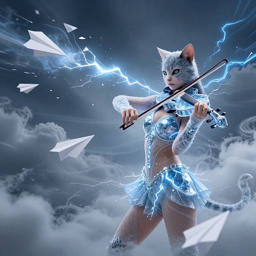 Digital artwork of a fierce anthropomorphic white cat playing a violin, surrounded by electric blue lightning, white paper planes, and clouds. Wearing a glowing