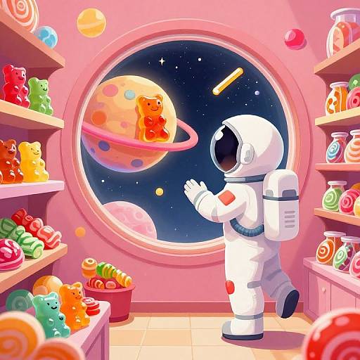Colorful digital illustration of a child in a white spacesuit, floating candies, and gazing at a pink planet-filled space through a circular window in