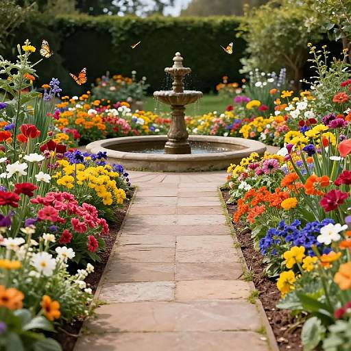 Photograph of a vibrant garden path lined with colorful flowers, leading to a central stone fountain, surrounded by lush greenery.