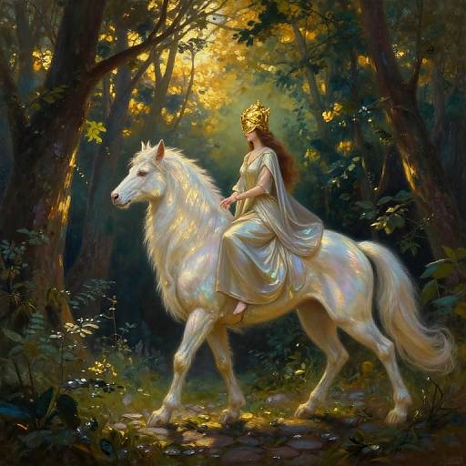 Digital painting of a goddess with a golden crown riding a white, ethereal horse in a sunlit, enchanted forest.