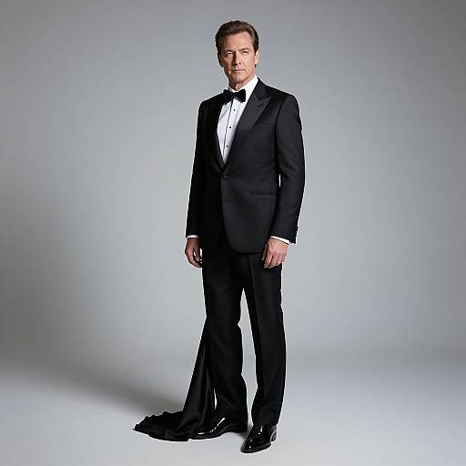 Photograph of a tall, middle-aged man with short brown hair in a black tuxedo, white shirt, and black bow tie, standing against