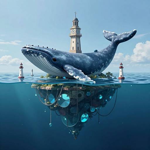 Digital artwork of a giant blue whale with a lighthouse on its back, surrounded by underwater bubbles and two smaller lighthouses.