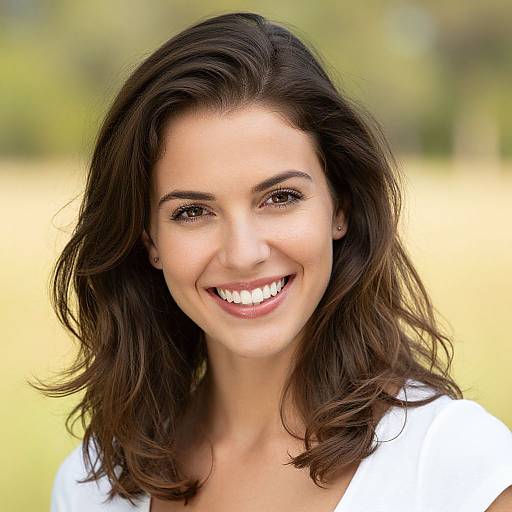 Photograph of a smiling young woman with dark brown wavy hair, fair skin, brown eyes, wearing a white top, against a blurred yellow-green