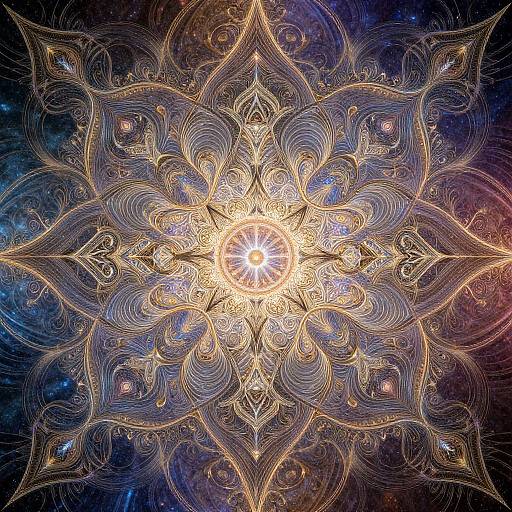 Digital art of an intricate, glowing mandala with golden, swirling patterns radiating from a central bright star against a cosmic, blue-purple background.