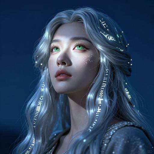 Digital artwork of a glowing, ethereal woman with long silver hair, green eyes, and illuminated white markings on her face, set against a dark blue