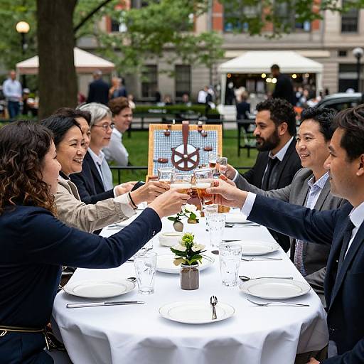 Photograph of eight dressed-up colleagues toasting outdoors at a white-clothed table, smiling, with a menu display and greenery centerpiece.
