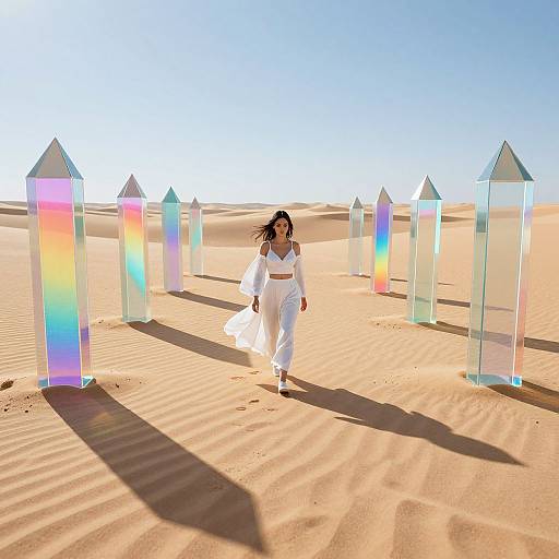 Photograph of a woman in white dress and sandals, running through a desert with colorful, prism-topped glass towers casting shadows.