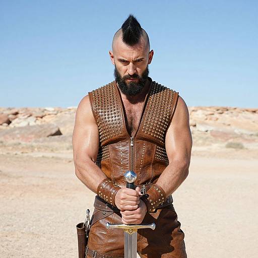 Photograph of muscular bearded man with spiked mohawk, wearing brown leather armor, gripping sword in desert under clear blue sky.