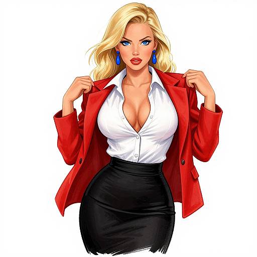 Digital illustration of a blonde woman with blue eyes, wearing a red blazer, white blouse with deep cleavage, and black skirt, holding her bl