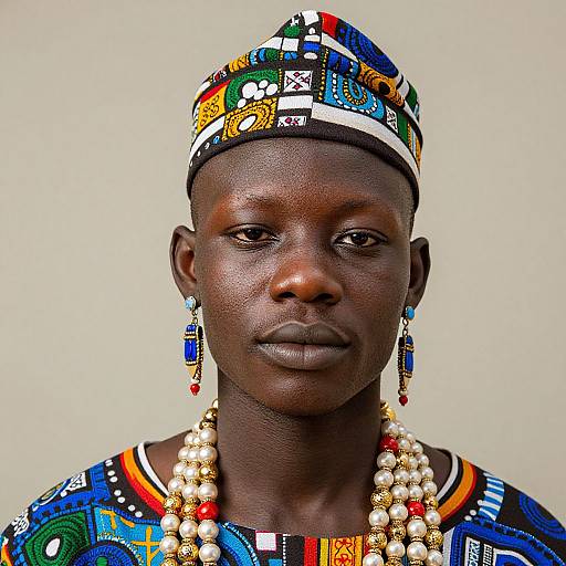 Photograph of a dark-skinned African woman in colorful traditional attire, including a patterned headwrap, beaded necklace, and dangling earrings, against