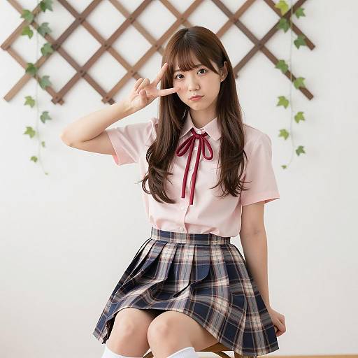 Asian Woman Sitting Making Peace Sign