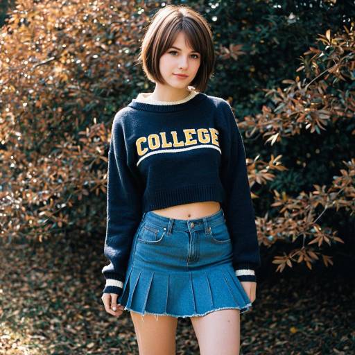 Young Woman in College Sweater and Denim Skirt