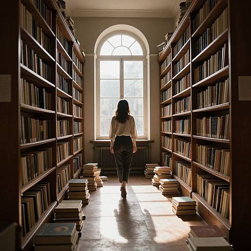 Photograph of a woman with long brown hair, white blouse, and black pants, walking away from sunlight-filled library aisle, surrounded by stacked books on