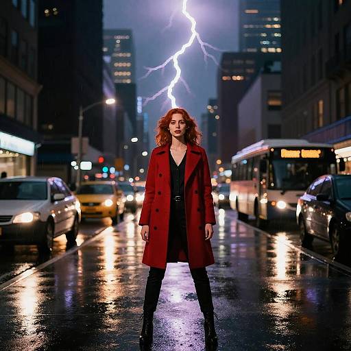 Photograph of a red-haired woman in a red coat standing on a rain-soaked city street with a lightning bolt overhead. Urban night scene with cars