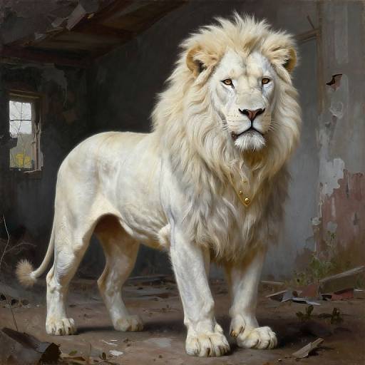 Digital painting of a majestic white lion with a golden necklace standing in a dim, dilapidated room with a small window.