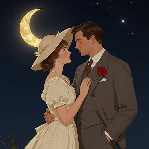 Vintage-style digital illustration of a romantic night scene: man in gray suit with red rose, woman in white dress and hat, gazing at each other