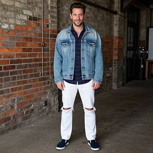 Photograph of a smiling man with short dark hair, wearing a blue denim jacket, black shirt, white ripped jeans, and black sneakers, standing in