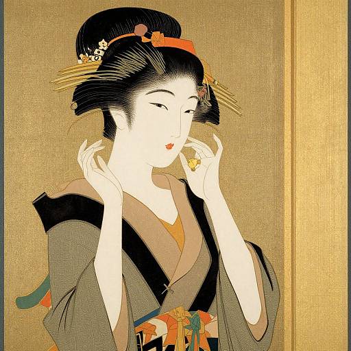 Traditional Japanese woodblock print of a serene geisha with pale skin, black hair in an updo, wearing a dark kimono, golden hairpins