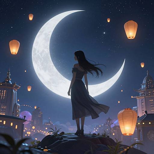 Anime-style digital artwork of a silhouetted woman with long hair standing on a rock, gazing at a bright crescent moon, surrounded by
