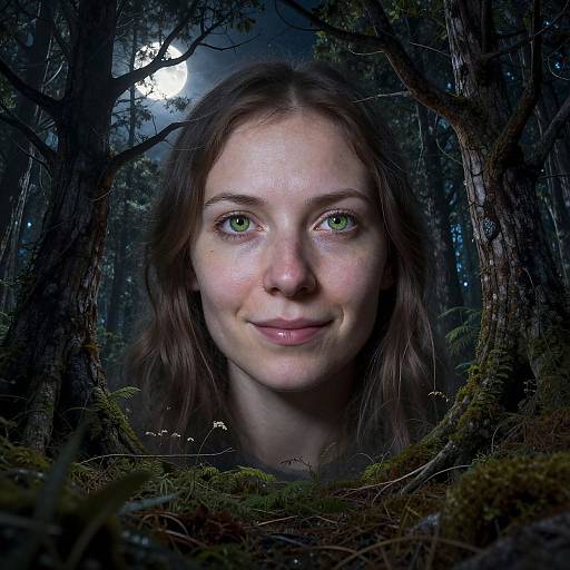 Photograph of a young woman with green eyes and brown hair, smiling, framed by dark, moss-covered forest trees under a full moon.