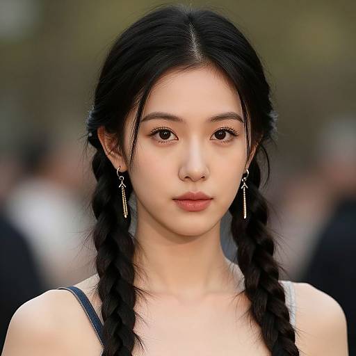 Photograph of a young Asian woman with fair skin, black braided hair, wearing dangling earrings and a black top, standing outdoors with a blurred,