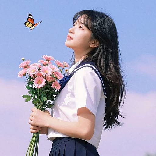 Young Asian girl in a white sailor uniform with black tie, holding pink daisies, gazes at a colorful butterfly against a bright blue sky.